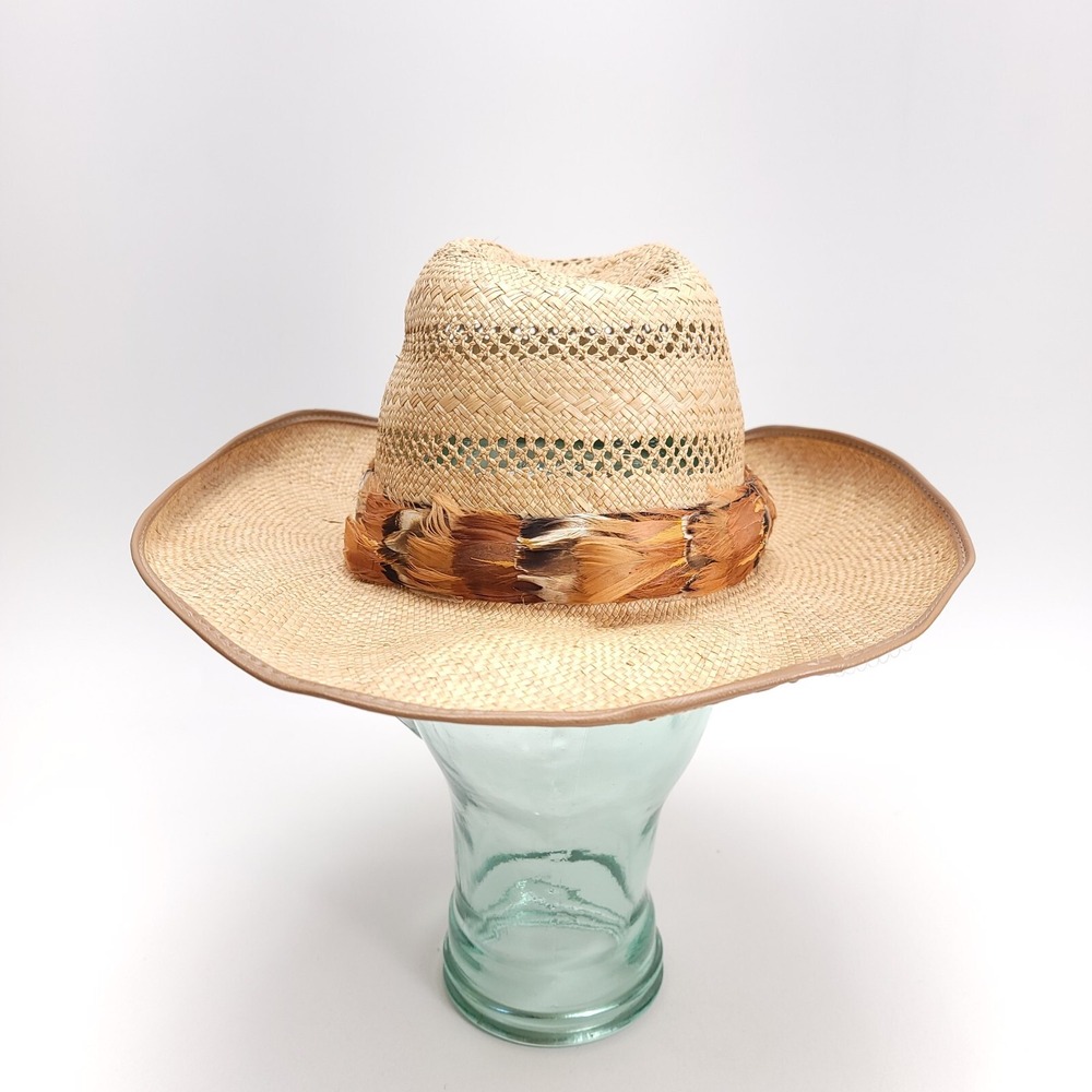 Woven Straw Western‎ Sun Hat Women's Small Feather Band Wire Rim Swiftie Outfit - Picture 3 of 8